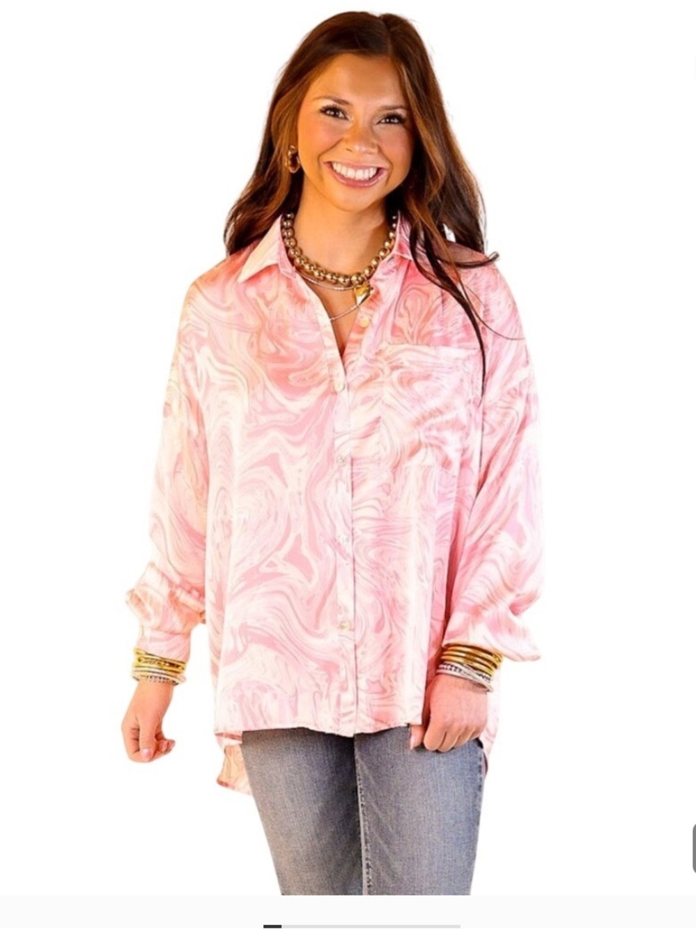 👗Emily Wonder Pink swirl -Print Button-Up Blouse